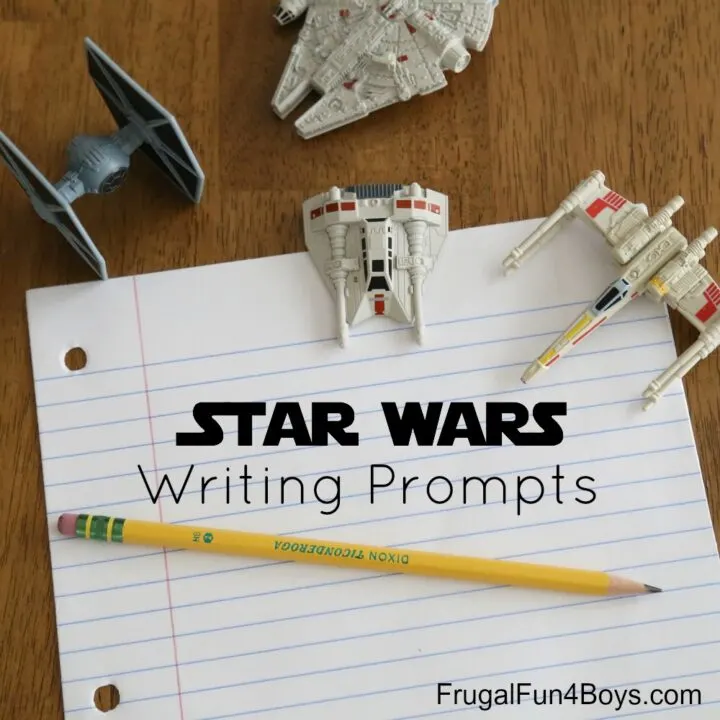 The image is showing a list of Star Wars writing prompts created by FrugalFun4Boys.com using Dixon Ticonderoga products.
