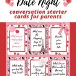 In this image, a set of conversation starter cards are being presented to parents for Valentine's Day to help them start conversations with their children about love and relationships.