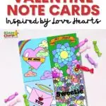 The image is showing Valentine's Day themed note cards that are inspired by Love Hearts candy, available to be printed from the website KiddyCharts.com.