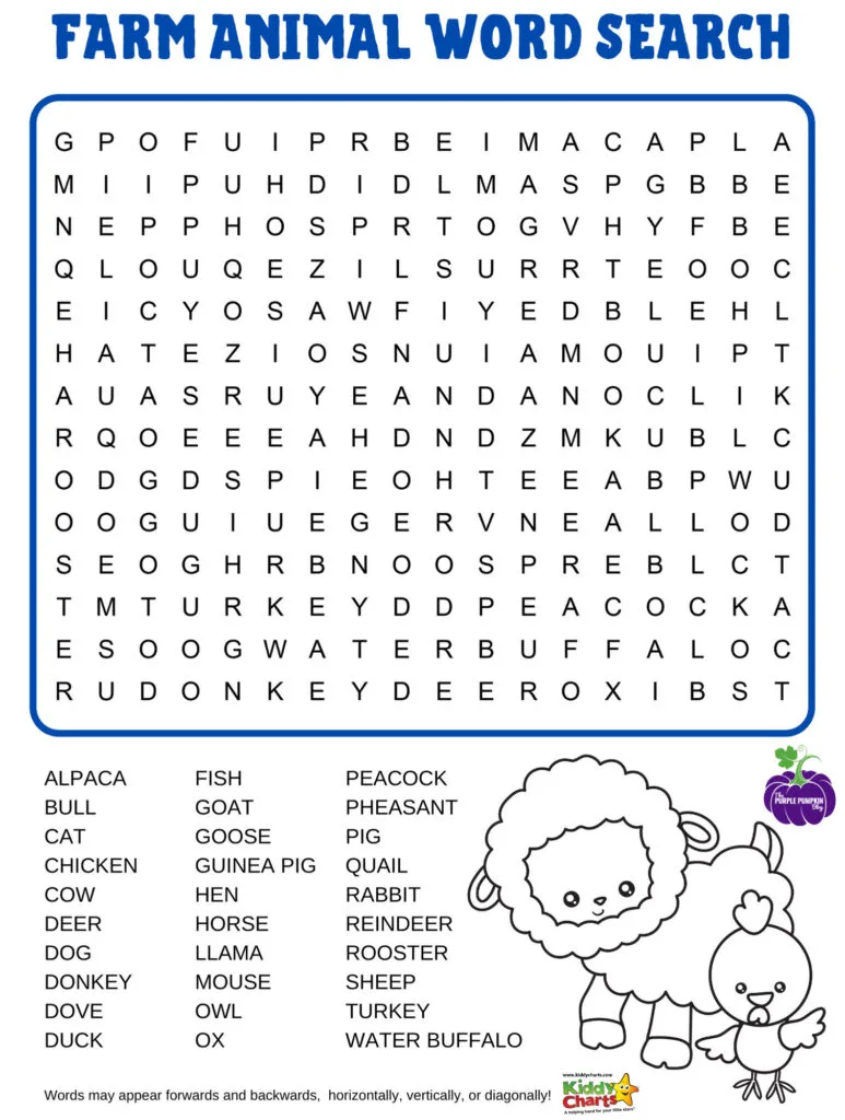 Farm animals wordsearch with sheep