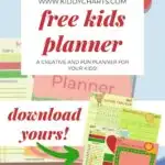 The image is promoting a free kids planner that includes a schedule, chore tracker, reading list, and doodle board.