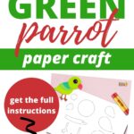 The image is showing instructions for a paper craft project involving a green parrot, which can be found on the website www.kiddycharts.com.