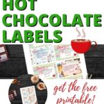 This image is promoting a free printable for making hot chocolate with two tablespoons of cocoa powder in a warm cup.