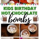The image shows a birthday celebration with a hot chocolate bomb being enjoyed by a child, promoted by KiddyCharts.com.