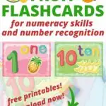 This image is promoting the free printable fruit flashcards from Kiddy& Charts to help with numeracy skills and number recognition.