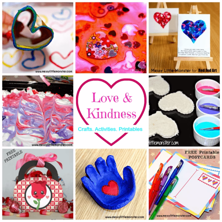 A cartoon heart surrounded by child art and graphic design elements celebrates Valentine's Day on a free printable postcard.