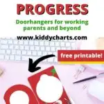A meeting is in progress with the company Kiddy Charts, discussing doorhangers for working parents and beyond, with a free printable available on their website.