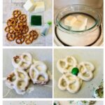 The image is showing a recipe for making shamrock-shaped pretzels for St. Patrick's Day.