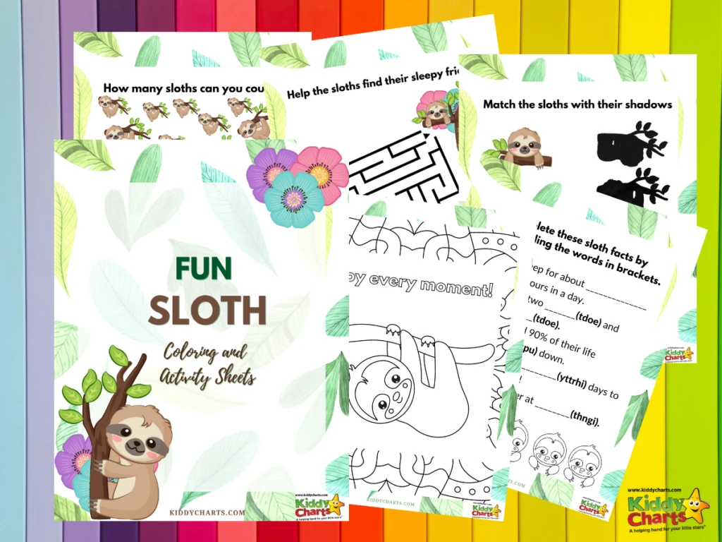 Sloth coloring and activity sheets: 