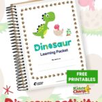 A child is filling out a free printable dinosaur learning packet from Kiddy Charts, a website that provides helpful resources for parents and children.