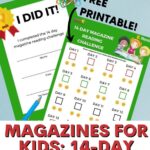 This image is showing a 14-day magazine reading challenge for kids, with a printable chart to track their progress.