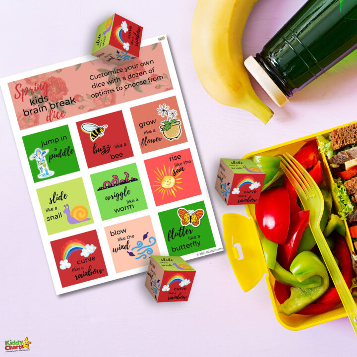 In this image, a dozen brain break options are being offered to customize a set of kids dice.