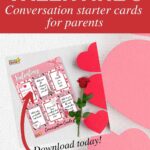 The image is promoting Kiddy Charts' Valentine's Conversation Starter Cards, which are designed to help parents have meaningful conversations with their children about what makes them feel loved.