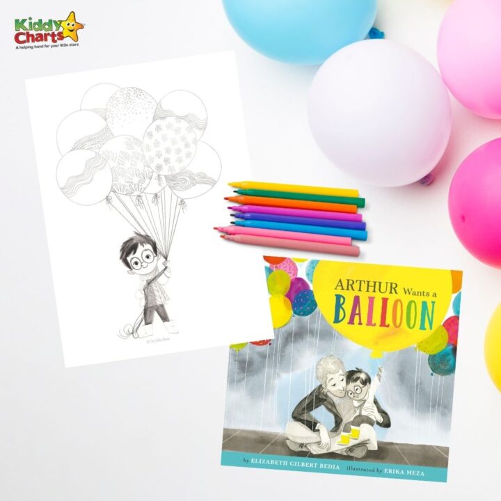 In the image, a child named Arthur is asking for a balloon from Elizabeth Gilbert Bedia, who is illustrated by Erika Meza.