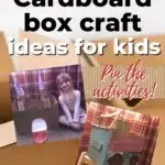 The image is showing craft ideas for kids using a cardboard box, with the website KiddyCharts.com providing a helping hand.