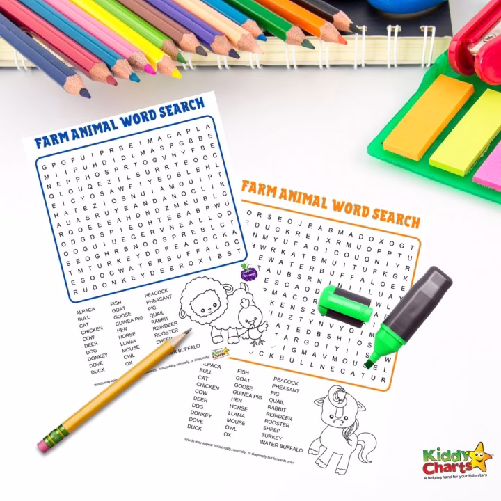 In this image, a word search is being conducted to find words related to farm animals, which may appear horizontally, vertically, or diagonally but forwards only.