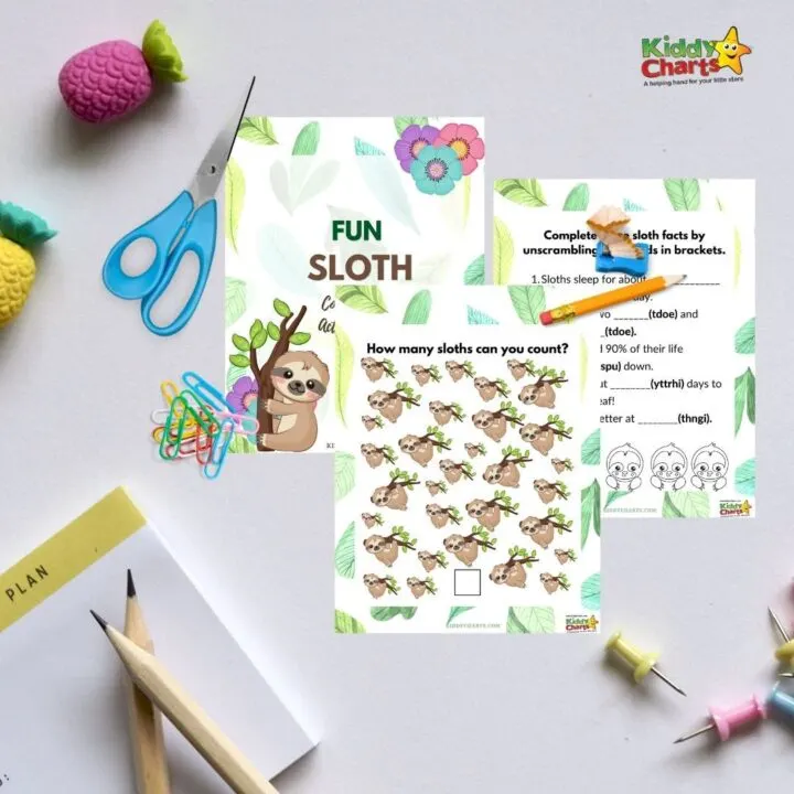 A child is creating a fun sloth facts chart using office supplies, handwriting, text, post-it notes, stationery, general supplies, craft, and design.