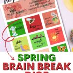 In this image, there are options for customizing kids dice for a "Spring Brain Break" with a variety of activities to choose from.