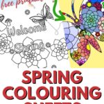 This image is a welcome to spring with free printable coloring sheets available on the website kiddycharts.com.