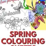 This image is a welcome to spring with free printable coloring sheets available on the website kiddycharts.com.