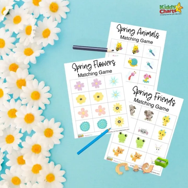 In this image, there are three matching games featuring spring animals, spring flowers, and spring friends for children to play on the website Kiddy Charts.