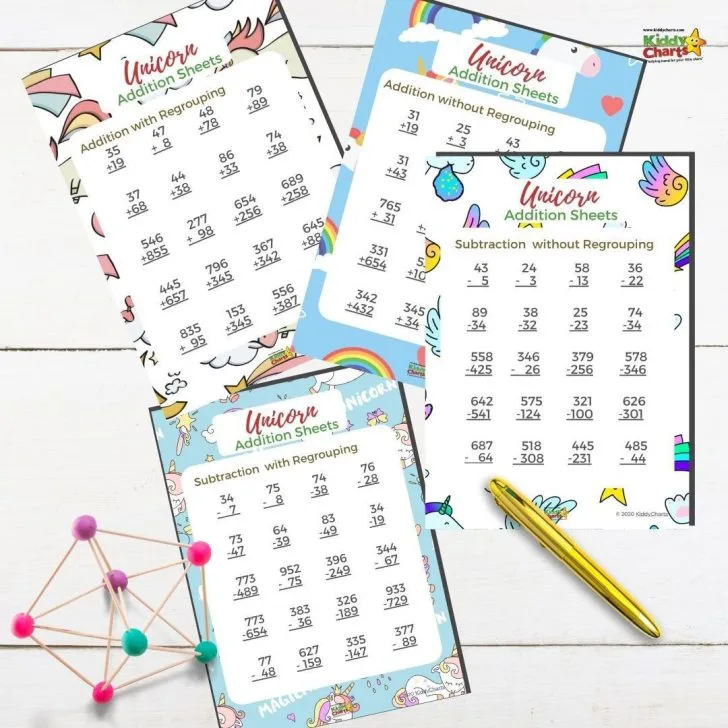 This image is showing a variety of addition and subtraction equations with and without regrouping for children to practice.