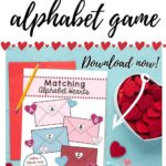 In this image, a Valentine's Day-themed alphabet matching game is being advertised, with a black and white version included.