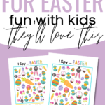 The image is of a printable Easter-themed "I Spy" activity created by Super Busy Mum for children to enjoy.