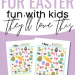 The image is of a printable Easter-themed "I Spy" activity created by Super Busy Mum for children to enjoy.