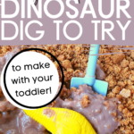 In this image, a parent and toddler are digging to create an edible dinosaur together.