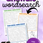 This image is a word search game featuring farm animals for children to complete.