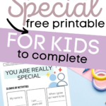 The image is of a printable activity sheet for children to fill out, with prompts about their name, age, what they want to be when they grow up, and their favorite memory.