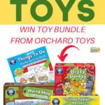 A family is receiving a toy bundle from Orchard Toys, which includes a Kiddy Charts More Things To Do Sticker Activity Book, Dizzy Stickers Donkey, Orchard World Map Giant Jigsaw Puzzle & Poster, and Heroes Master Times Tables Babiles from Baard Come 2 Up To 12! 2 Games in 1.