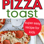 This image is promoting a website that provides easy recipes for kids to make, specifically a recipe for pizza toast.