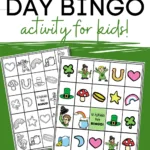 This image is promoting a St. Patrick's Day BINGO activity for kids provided by Kiddy Charts.