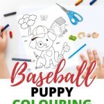 In this image, children are being encouraged to color a baseball-themed coloring page from the website Party and Bright for the Kiddy Charts website.