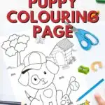A child is coloring a baseball-themed page featuring a puppy, provided by Kiddy Charts for a party.