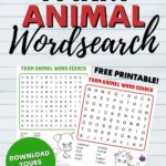 This image is a printable word search game featuring farm animals for children to enjoy.
