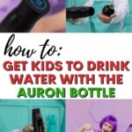 A person is demonstrating how to use the Auron Bottle to encourage kids to drink more water.