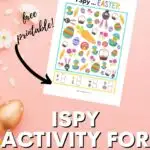 This image is promoting a free printable Easter-themed I Spy activity created by Super Busy Mum for children to enjoy.