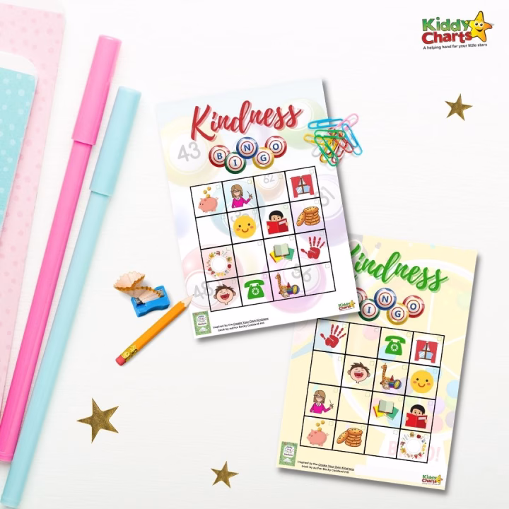 A child is proudly displaying their artwork featuring handwritten text, post-it notes, and stationery on Kiddy Charts to promote kindness.