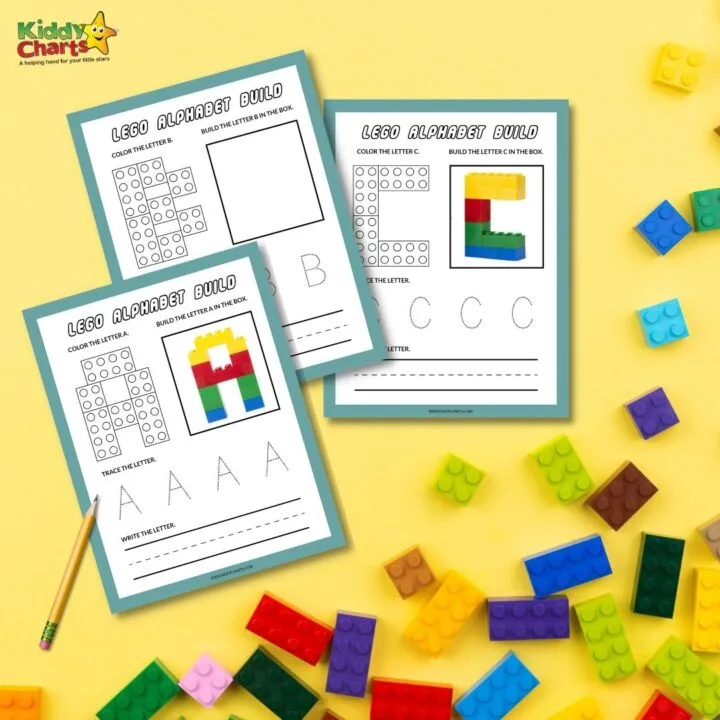 In this image, children are being instructed to build, color, trace, and write the letters B, C, and A using LEGO pieces.