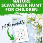 Children are participating in a nature scavenger hunt, with a printable list of items to find, and a reward of rice cakes and raisins.