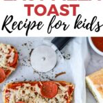 This image is showing a recipe for an easy pizza toast that is suitable for kids, as part of a series of recipes from the Rescue Dog Kitchen website run by KiddyCharts.