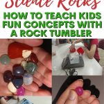 This image is promoting the use of a rock tumbler to teach kids fun science concepts with a warning to use caution when handling the electric device.