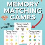 This image is promoting free printable Spring-themed memory matching games from Mombrite LLC for Kiddycharts.com.