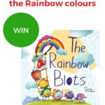 The image depicts a game in which children can learn the colors of the rainbow by playing with "Rainbow Blots" created by Carlie Wright and illustrated by Victoria Mikki.