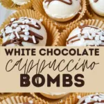 A colorful array of white chocolate cappuccino bombs, petit fours, cupcakes, muffins, and other baked goods are displayed in a baking cup, topped with icing and food coloring for a sweet and delightful treat.