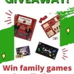 A family is entering a giveaway to win a bundle of board games from Ginger Fox, including Taskmaster, Vinial Task, Vedbu Tasks, Final Taika, and Catch Phrase.