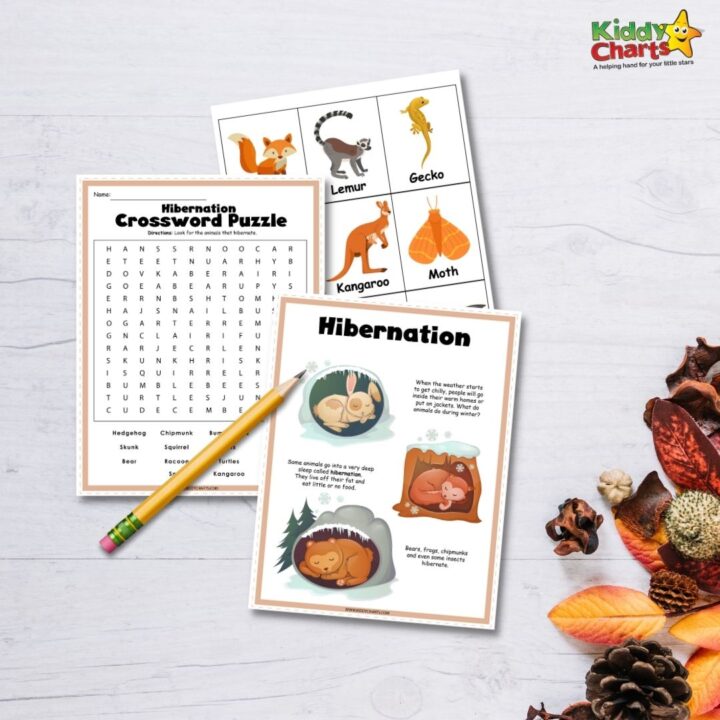 In this image, animals that hibernate during the winter are being discussed and a crossword puzzle is provided to help children learn about them.